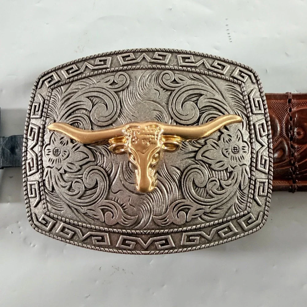 Kacey Lee Longhorn Embossed Leather Belt Western Rodeo Cowboy Women Size L